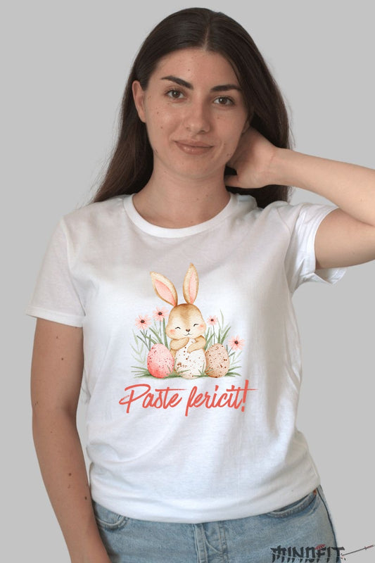 Tricou Paste Fericit - Iepuras Intre Oua Si Flori Dama Alb