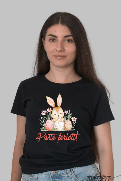 Tricou Paste Fericit - Iepuras Intre Oua Si Flori Dama Negru