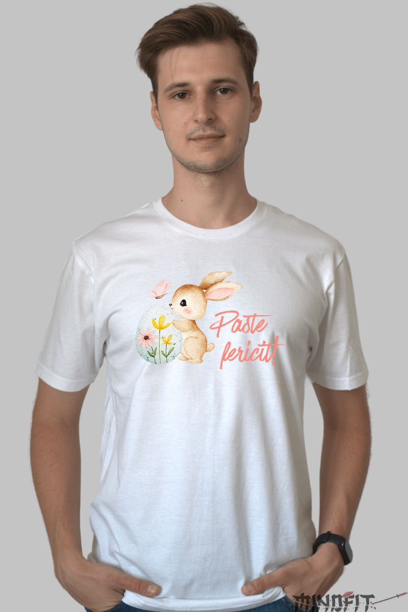 Tricou Paste Fericit - Iepuras Jucaus Cu Ou Si Fluture Barbat Alb