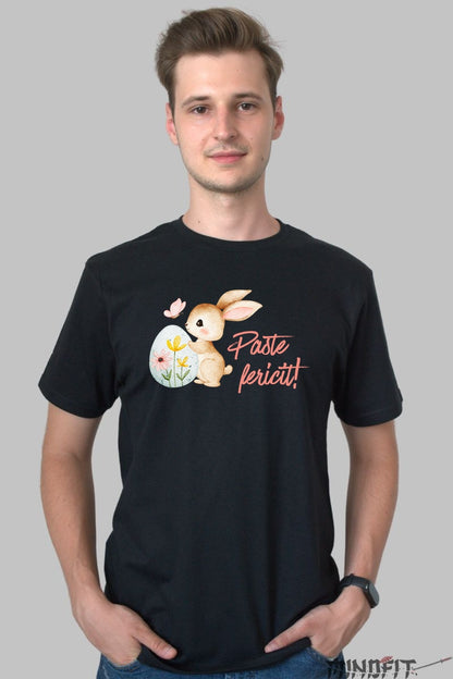 Tricou Paste Fericit - Iepuras Jucaus Cu Ou Si Fluture Barbat Negru