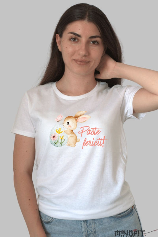Tricou Paste Fericit - Iepuras Jucaus Cu Ou Si Fluture Dama Alb