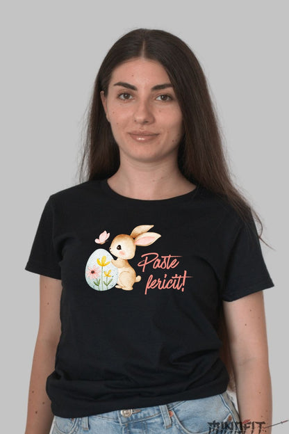 Tricou Paste Fericit - Iepuras Jucaus Cu Ou Si Fluture Dama Negru