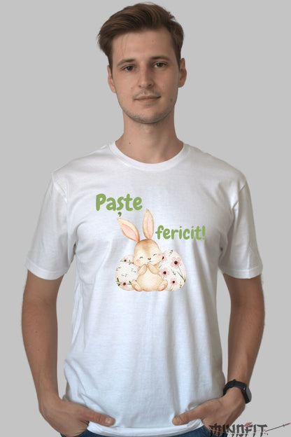 Tricou Paste Fericit - Iepuras Rezemat De Ouale Cu Flori Barbat Alb