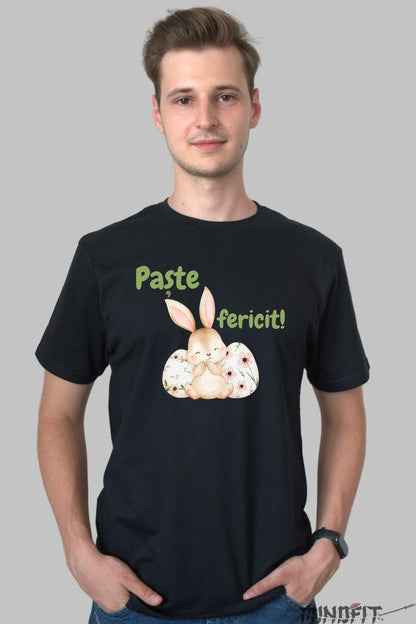 Tricou Paste Fericit - Iepuras Rezemat De Ouale Cu Flori Barbat Negru