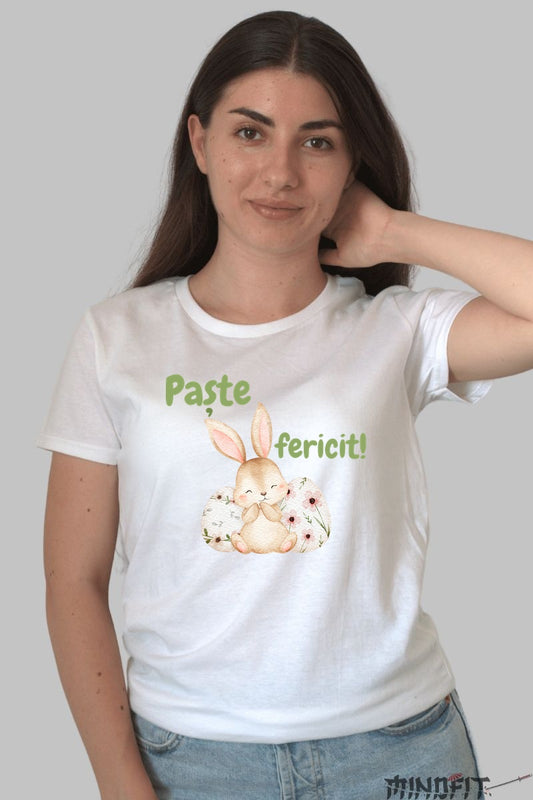 Tricou Paste Fericit - Iepuras Rezemat De Ouale Cu Flori Dama Alb