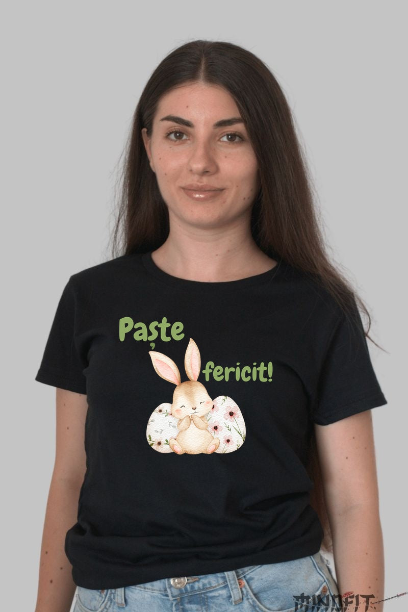 Tricou Paste Fericit - Iepuras Rezemat De Ouale Cu Flori Dama Negru