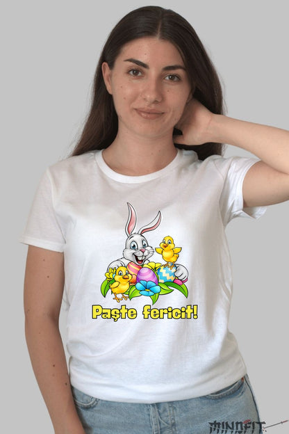 Tricou Paste Fericit - Iepuras Si Puisori Dama Alb