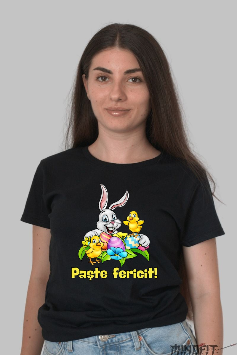Tricou Paste Fericit - Iepuras Si Puisori Dama Negru