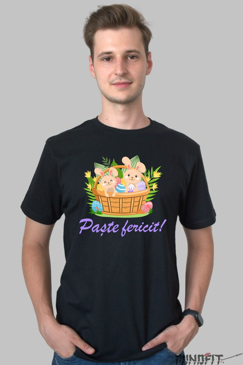Tricou Paste Fericit - Iepurasi Cocoansi In Cosulet Barbat Negru