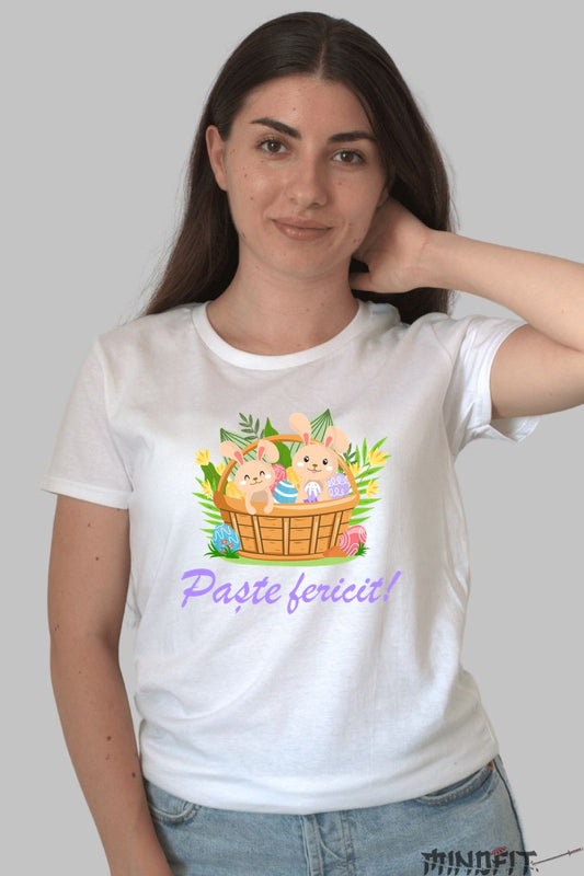 Tricou Paste Fericit - Iepurasi Cocoansi In Cosulet Dama Alb