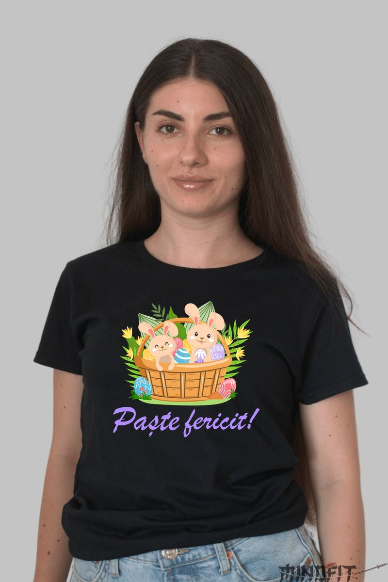 Tricou Paste Fericit - Iepurasi Cocoansi In Cosulet Dama Negru