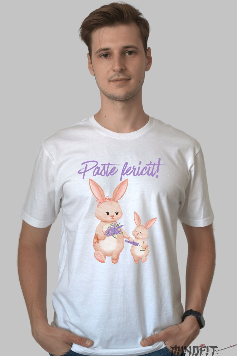 Tricou Paste Fericit - Iepurasi Cu Lavanda Barbat Alb