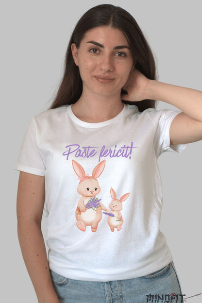 Tricou Paste Fericit - Iepurasi Cu Lavanda Dama Alb