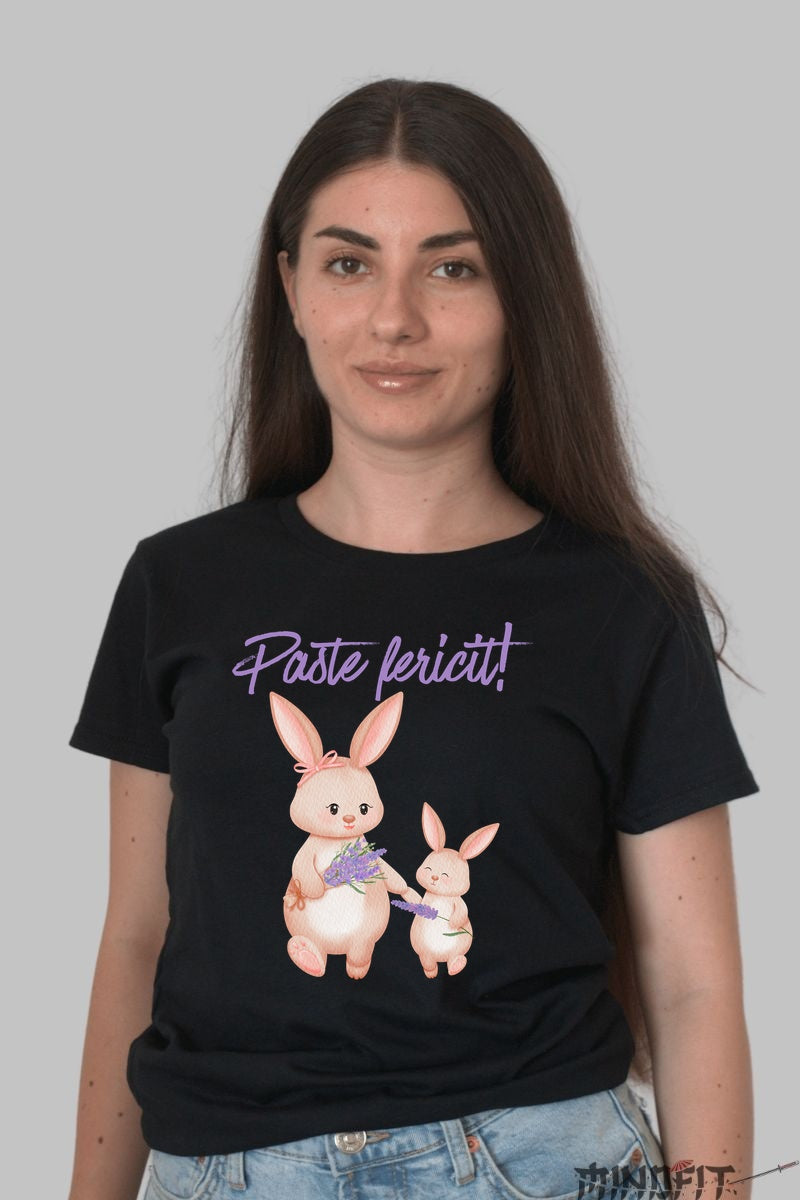Tricou Paste Fericit - Iepurasi Cu Lavanda Dama Negru