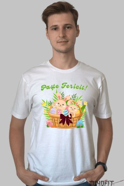 Tricou Paste Fericit - Iepuras In Cosulet Cu Fundita Barbat Alb