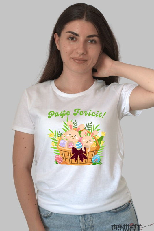 Tricou Paste Fericit - Iepuras In Cosulet Cu Fundita Dama Alb