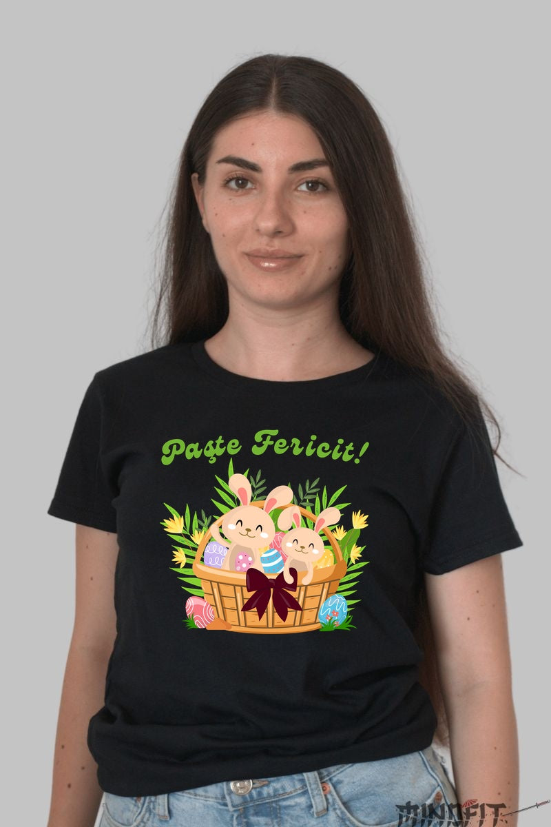 Tricou Paste Fericit - Iepuras In Cosulet Cu Fundita Dama Negru