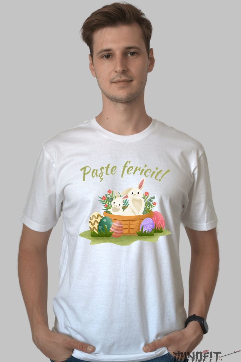 Tricou Paste Fericit - Iepurasi In Cosulet Cu Oua Colorate Barbat Alb