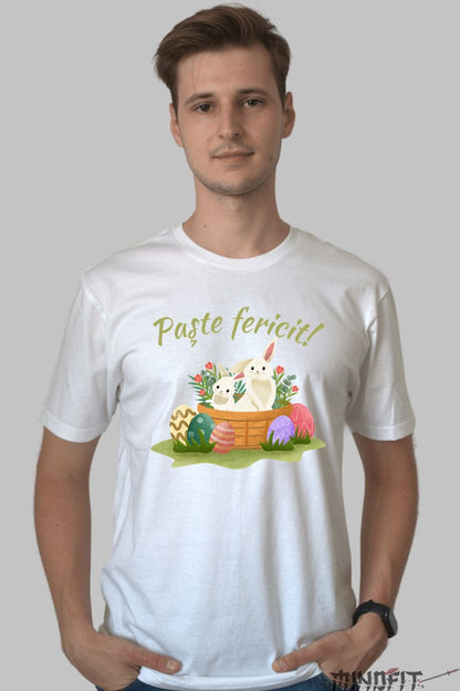 Tricou Paste Fericit - Iepurasi In Cosulet Cu Oua Colorate Barbat Alb