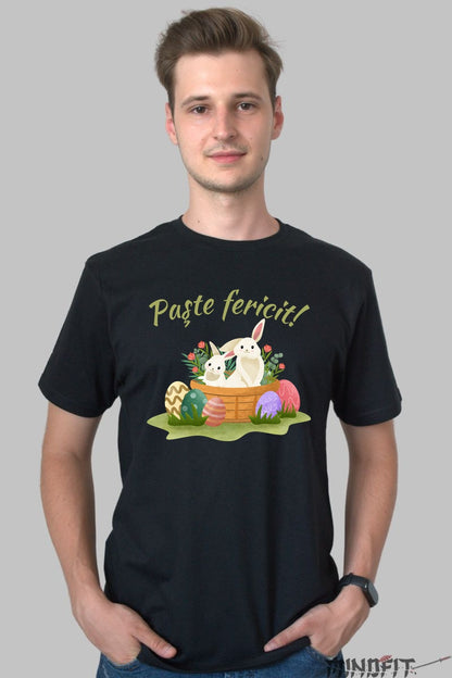 Tricou Paste Fericit - Iepurasi In Cosulet Cu Oua Colorate Barbat Negru