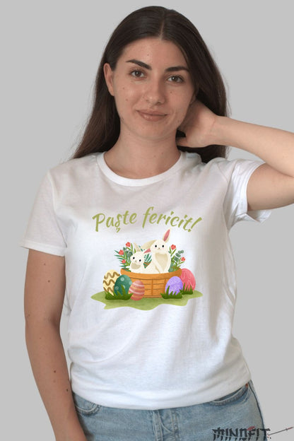 Tricou Paste Fericit - Iepurasi In Cosulet Cu Oua Colorate Dama Alb