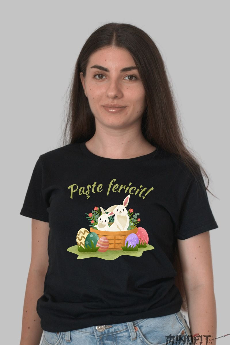 Tricou Paste Fericit - Iepurasi In Cosulet Cu Oua Colorate Dama Negru