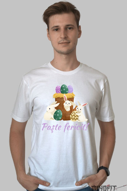 Tricou Paste Fericit - Iepurasi Jucausi In Scorbura Barbat Alb