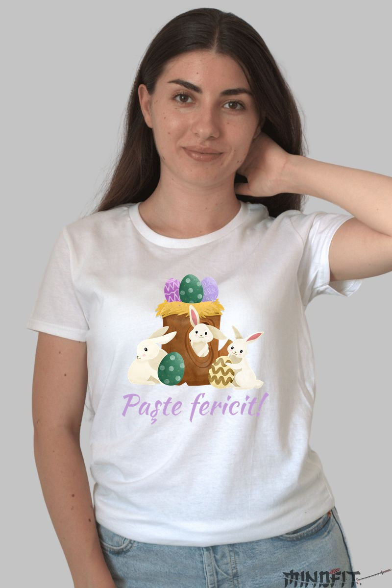 Tricou Paste Fericit - Iepurasi Jucausi In Scorbura Dama Alb