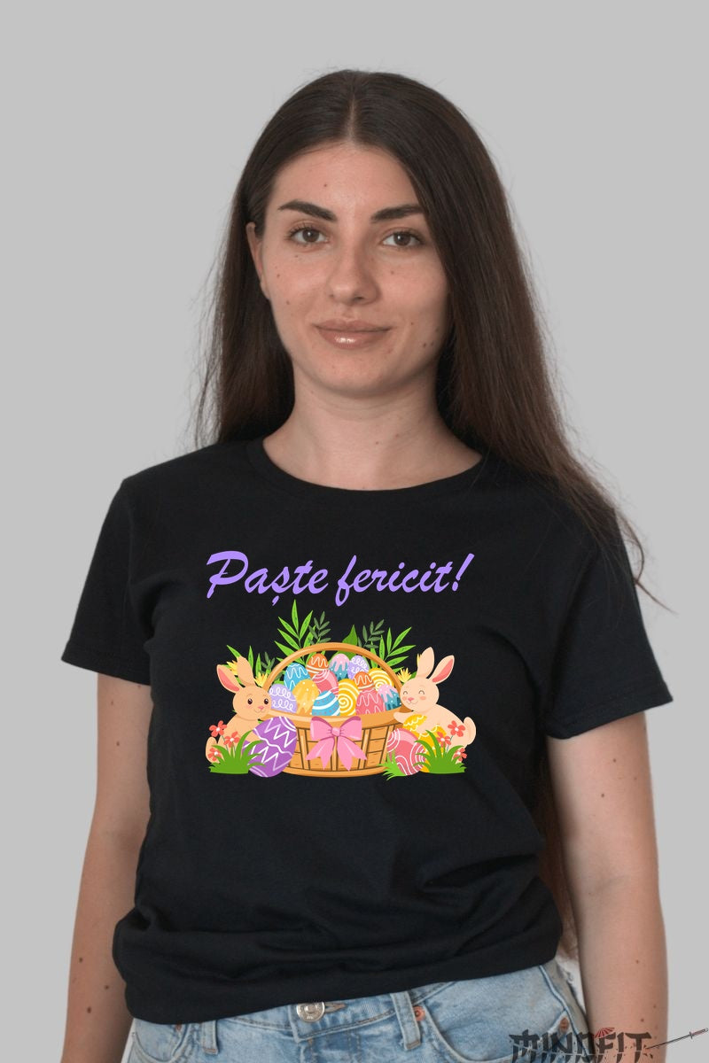 Tricou Paste Fericit - Iepurasi Langa Cosuletul Pregatit Dama Negru