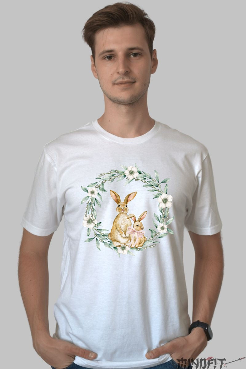 Tricou Paste Fericit - Iepurasi si Coronita de Flori Barbat Alb