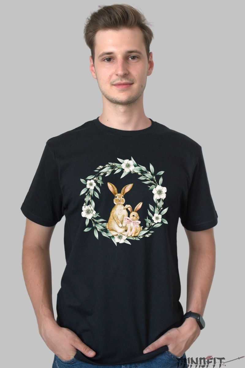 Tricou Paste Fericit - Iepurasi si Coronita de Flori Barbat Negru