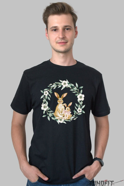 Tricou Paste Fericit - Iepurasi si Coronita de Flori Barbat Negru
