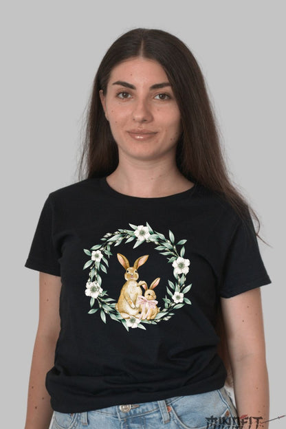 Tricou Paste Fericit - Iepurasi si Coronita de Flori Dama Negru