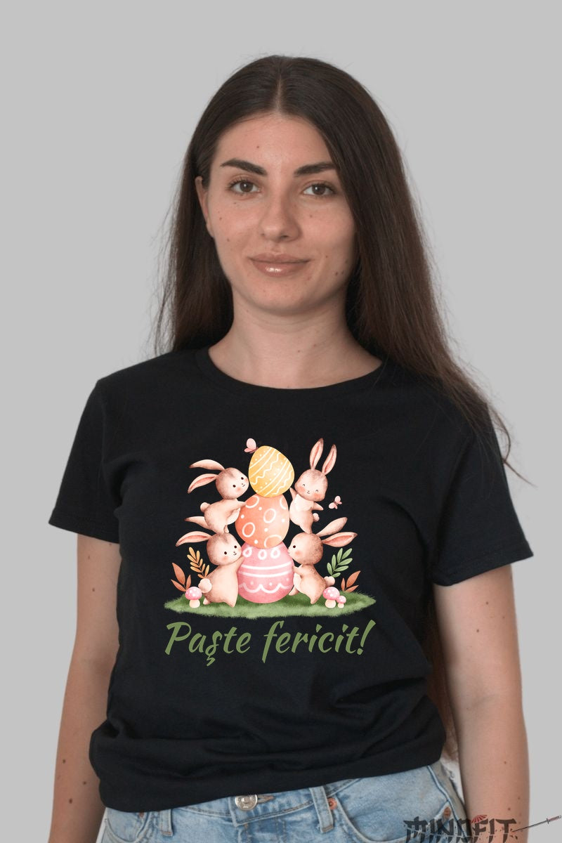 Tricou Paste Fericit - Iepurasi si Oua Colorate Dama Negru