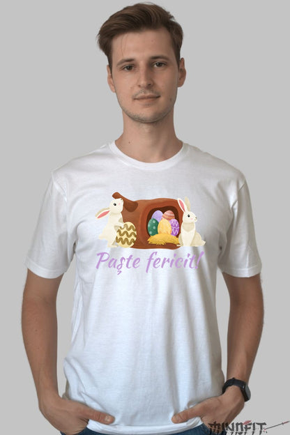 Tricou Paste Fericit - Iepurasi Si Oua Colorate Barbat Alb