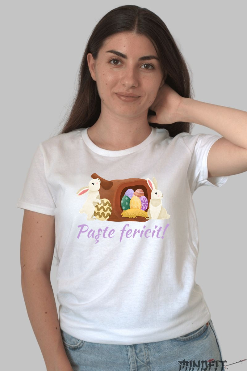 Tricou Paste Fericit - Iepurasi Si Oua Colorate Dama Alb