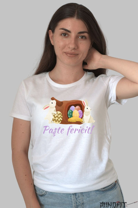 Tricou Paste Fericit - Iepurasi Si Oua Colorate Dama Alb