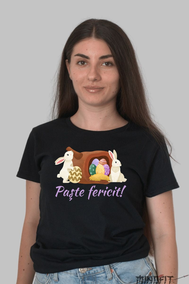 Tricou Paste Fericit - Iepurasi Si Oua Colorate Dama Negru