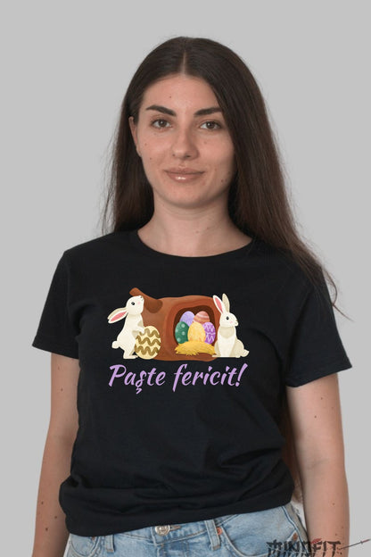 Tricou Paste Fericit - Iepurasi Si Oua Colorate Dama Negru