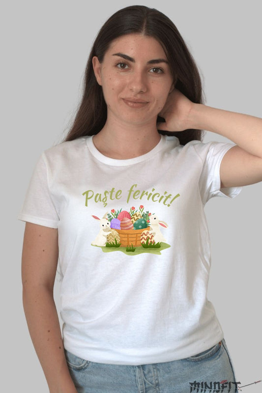 Tricou Paste Fericit - Iepurasi si Oua Dama Alb