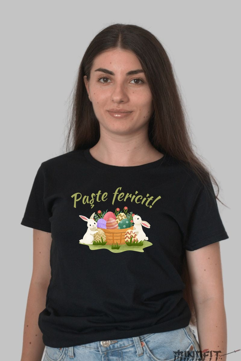 Tricou Paste Fericit - Iepurasi si Oua Dama Negru