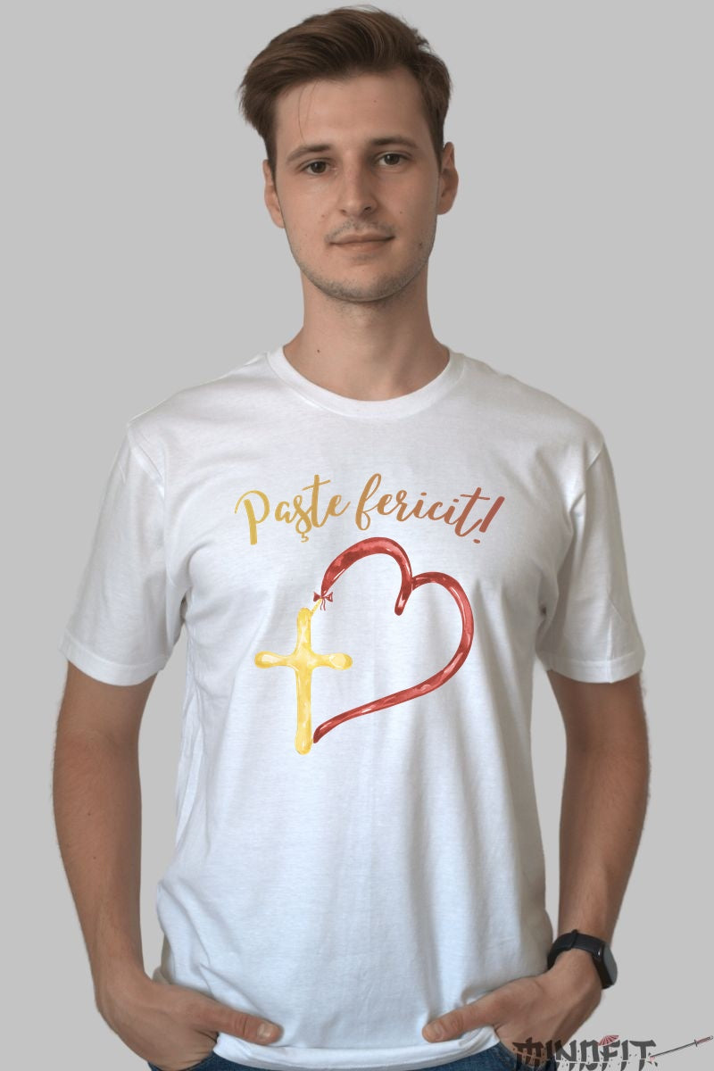 Tricou Paste Fericit - Inima si Cruce Barbat Alb