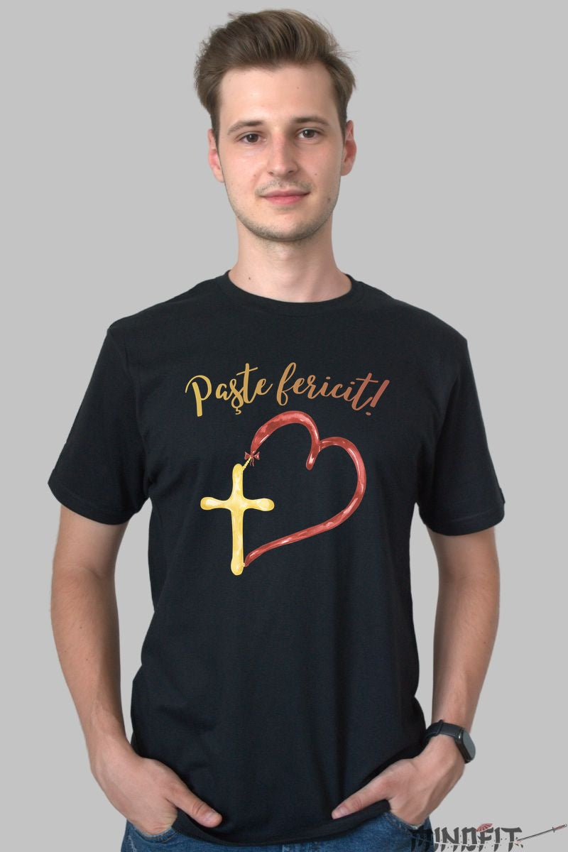 Tricou Paste Fericit - Inima si Cruce Barbat Negru