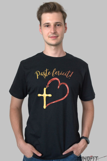 Tricou Paste Fericit - Inima si Cruce Barbat Negru