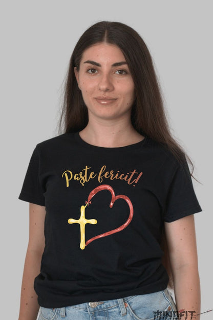 Tricou Paste Fericit - Inima si Cruce Dama Negru