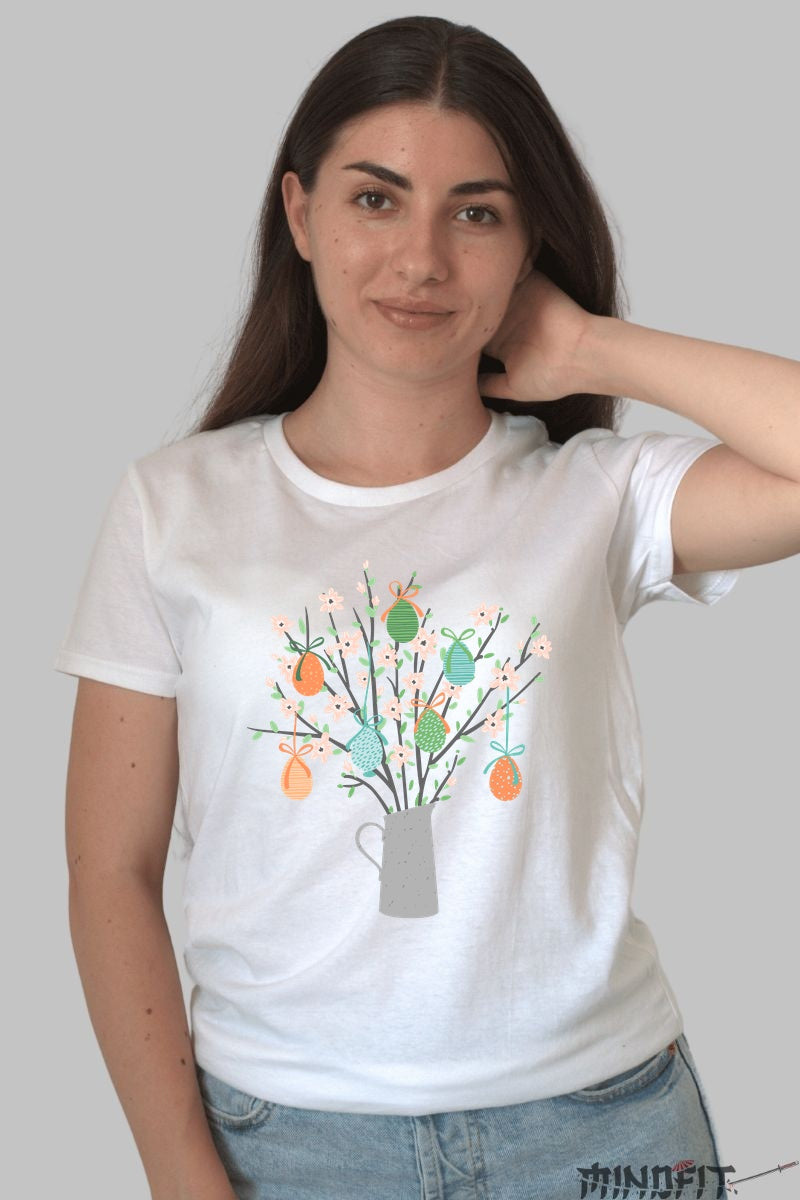 Tricou Paste Fericit - Oua si Flori in Vaza Dama Alb