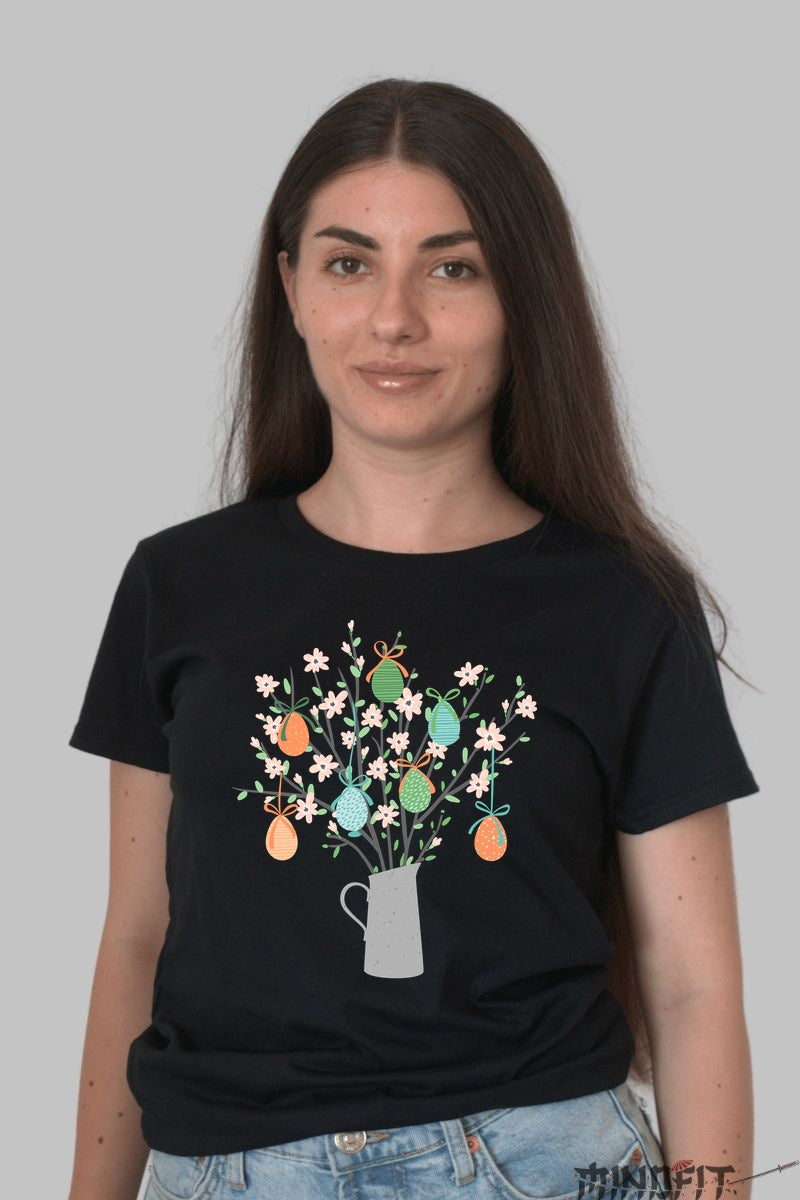 Tricou Paste Fericit - Oua si Flori in Vaza Dama Negru