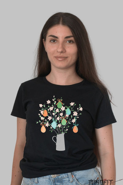 Tricou Paste Fericit - Oua si Flori in Vaza Dama Negru
