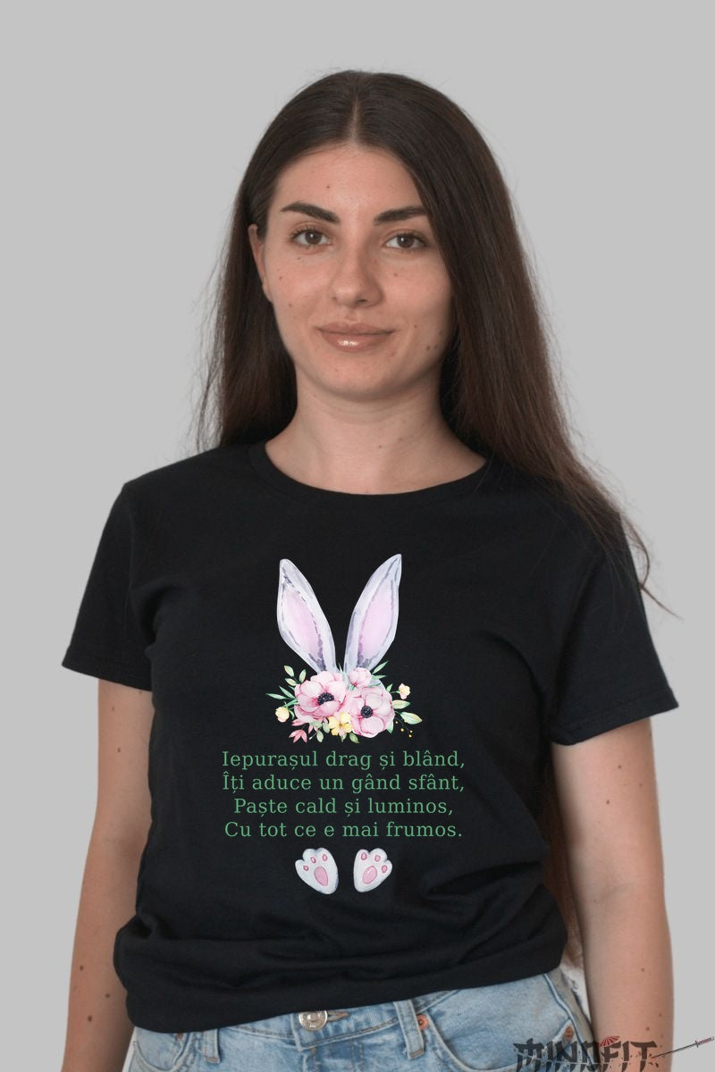 Tricou Paste Fericit - Poezie Cu Iepuras De Paste Dama Negru