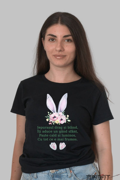 Tricou Paste Fericit - Poezie Cu Iepuras De Paste Dama Negru